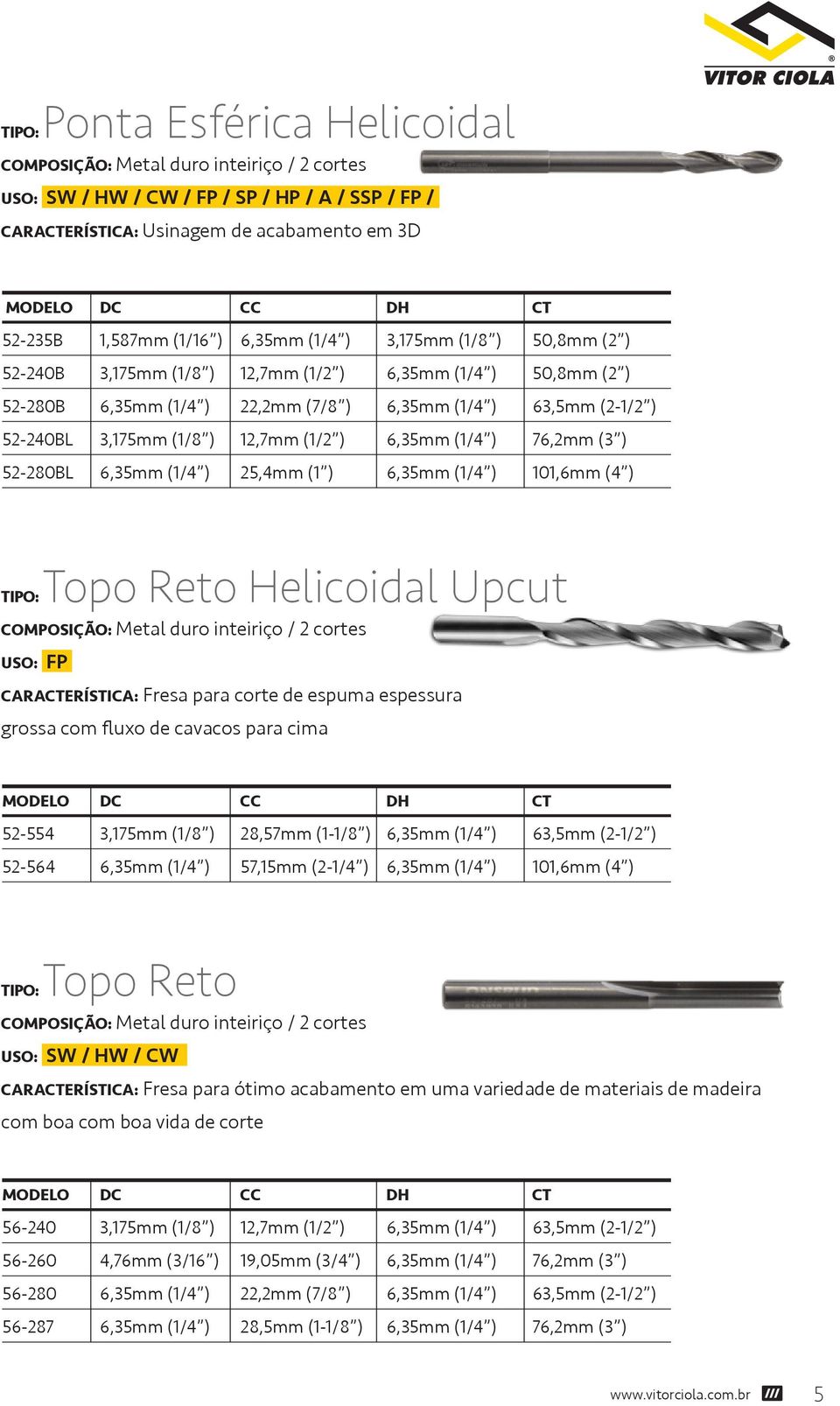 52-240BL 3,175mm (1/8 ) 12,7mm (1/2 ) 6,35mm (1/4 ) 76,2mm (3 ) R$ 217,20 52-280BL 6,35mm (1/4 ) 25,4mm (1 ) 6,35mm (1/4 ) 101,6mm (4 ) R$ 270,43 TIPO: Topo Reto Helicoidal Upcut COMPOSIÇÃO: Metal