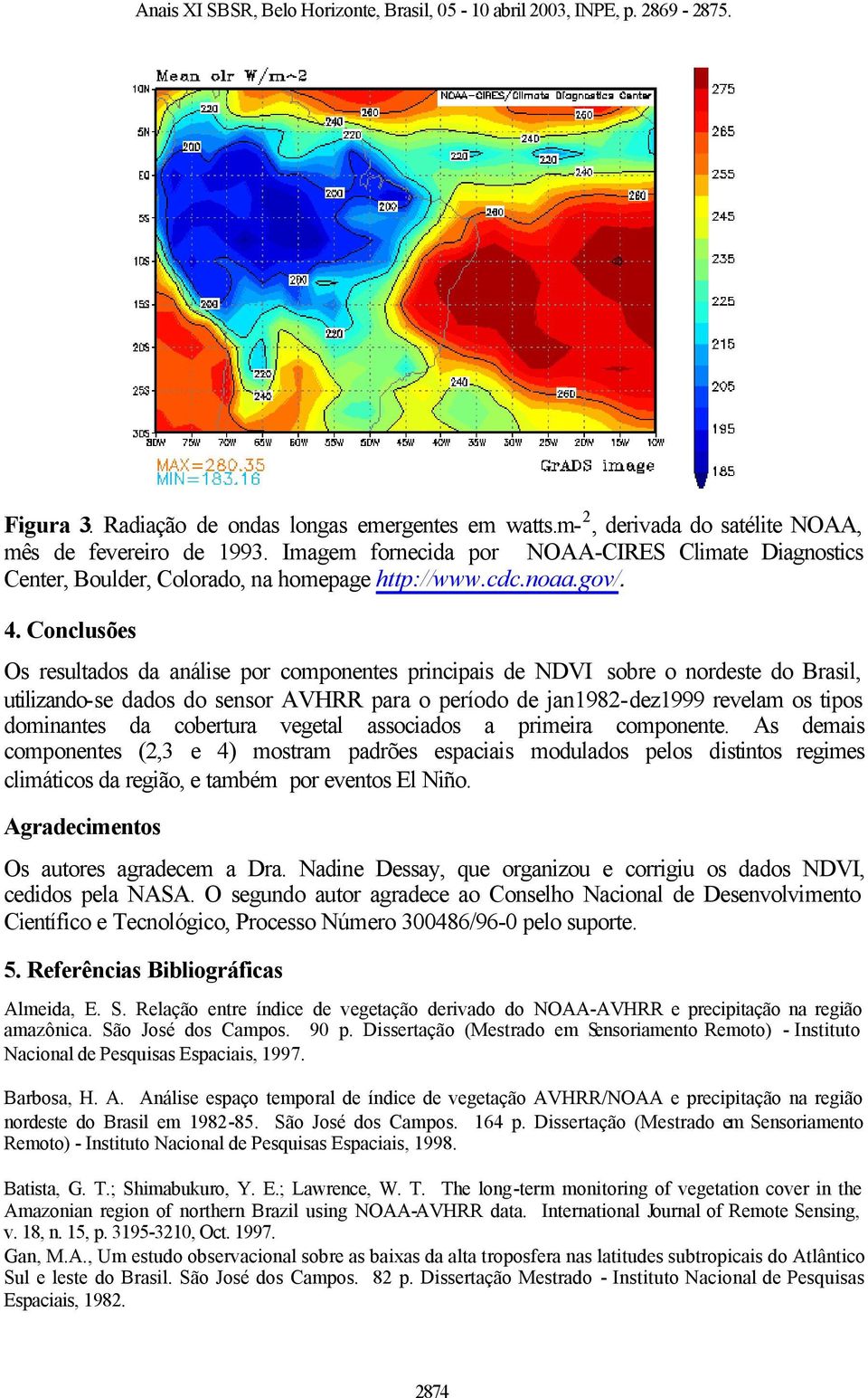 Conclusões Os resultados da análise por componentes principais de NDVI sobre o nordeste do Brasil, utilizando-se dados do sensor AVHRR para o período de jan1982-dez1999 revelam os tipos dominantes da