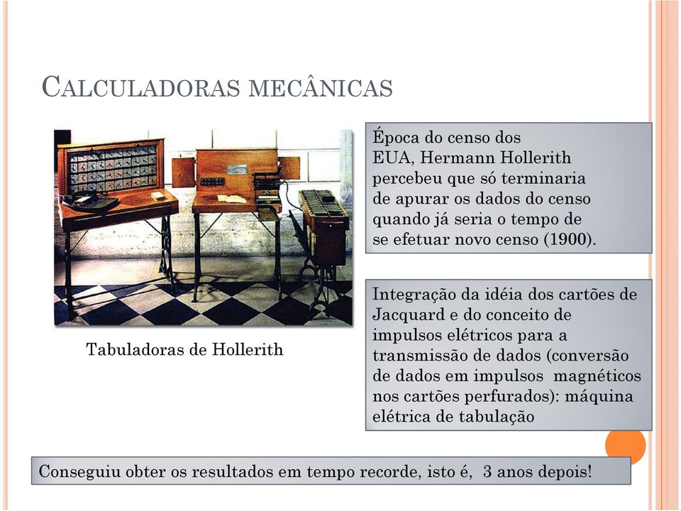 Tabuladoras de Hollerith Integração da idéia dos cartões de Jacquard e do conceito de impulsos elétricos para a