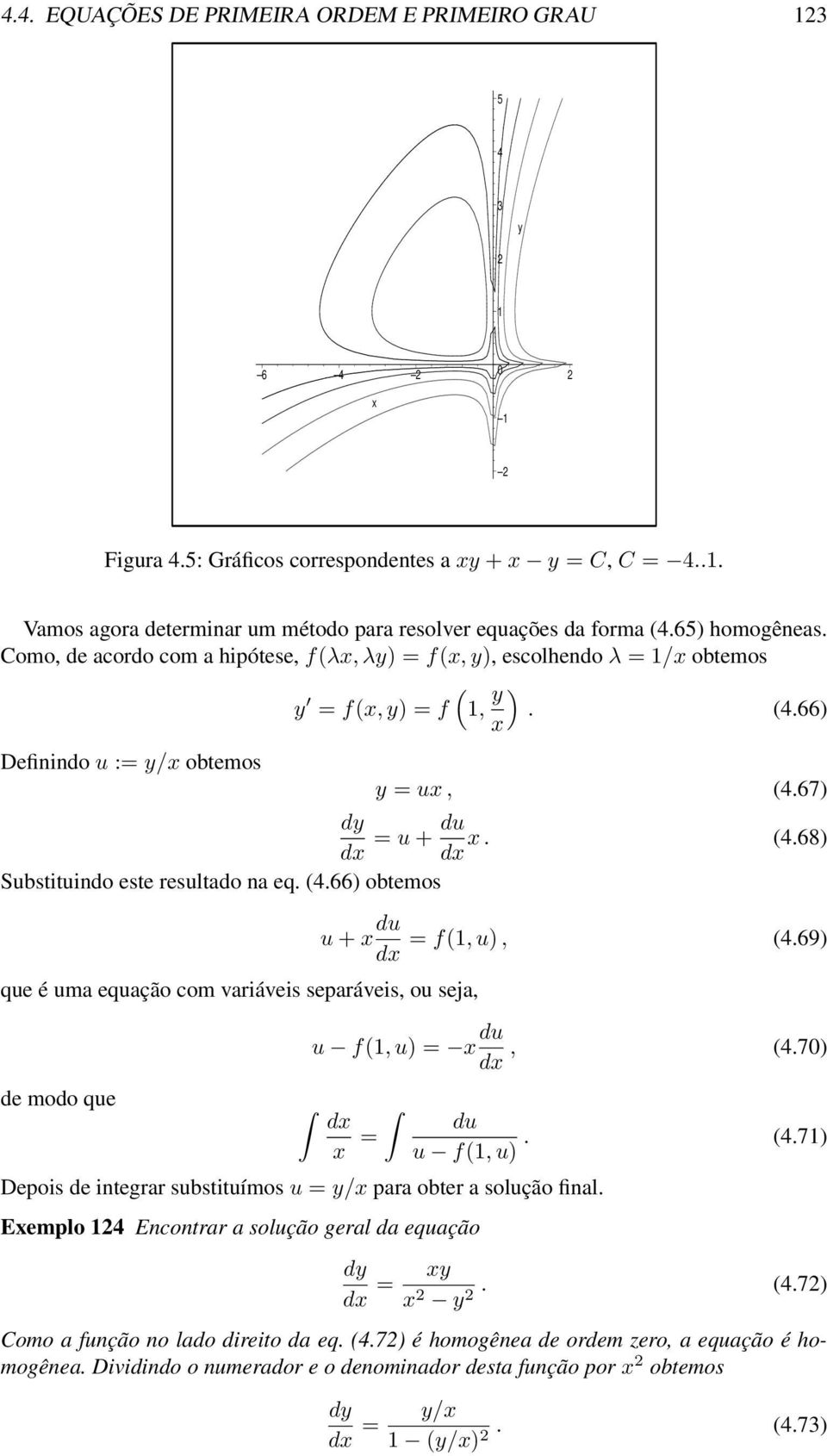 (4.66) obtemos que é uma equação com variáveis separáveis, ou seja, de modo que u + x du = f(1, u), (4.69) dx u f(1, u) = x du dx, (4.