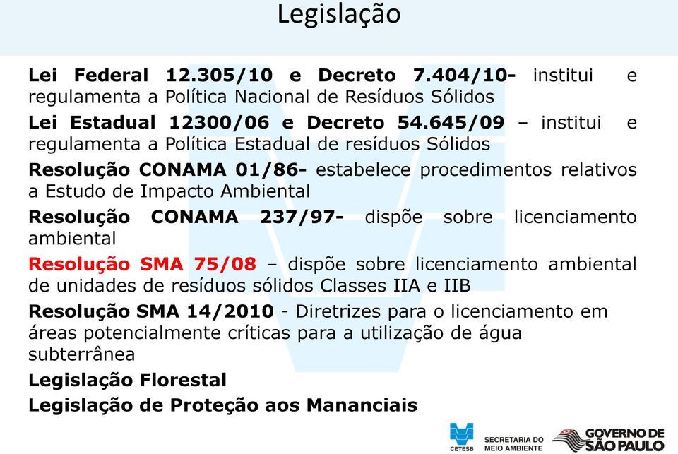 Resolução CONAMA 237/97- dispõe sobre licenciamento ambiental Resolução SMA 75/08 dispõe sobre licenciamento ambiental de unidades de resíduos sólidos Classes IIA e