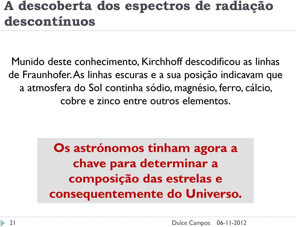 As linhas escuras e a sua posição indicavam que a atmosfera do Sol continha sódio, magnésio,