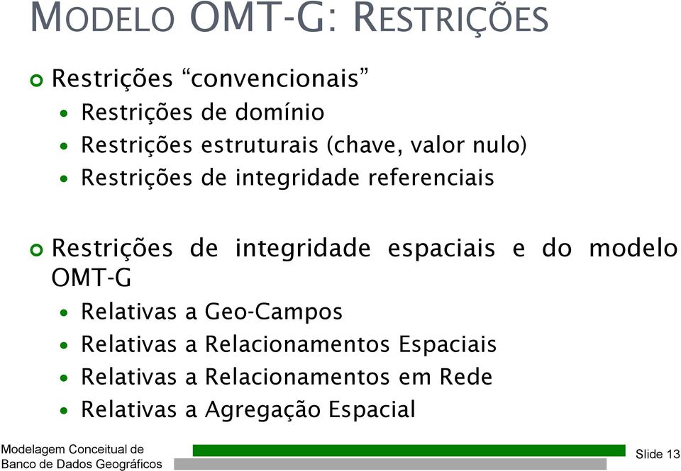 integridade espaciais e do modelo OMT-G Relativas a Geo-Campos Relativas a