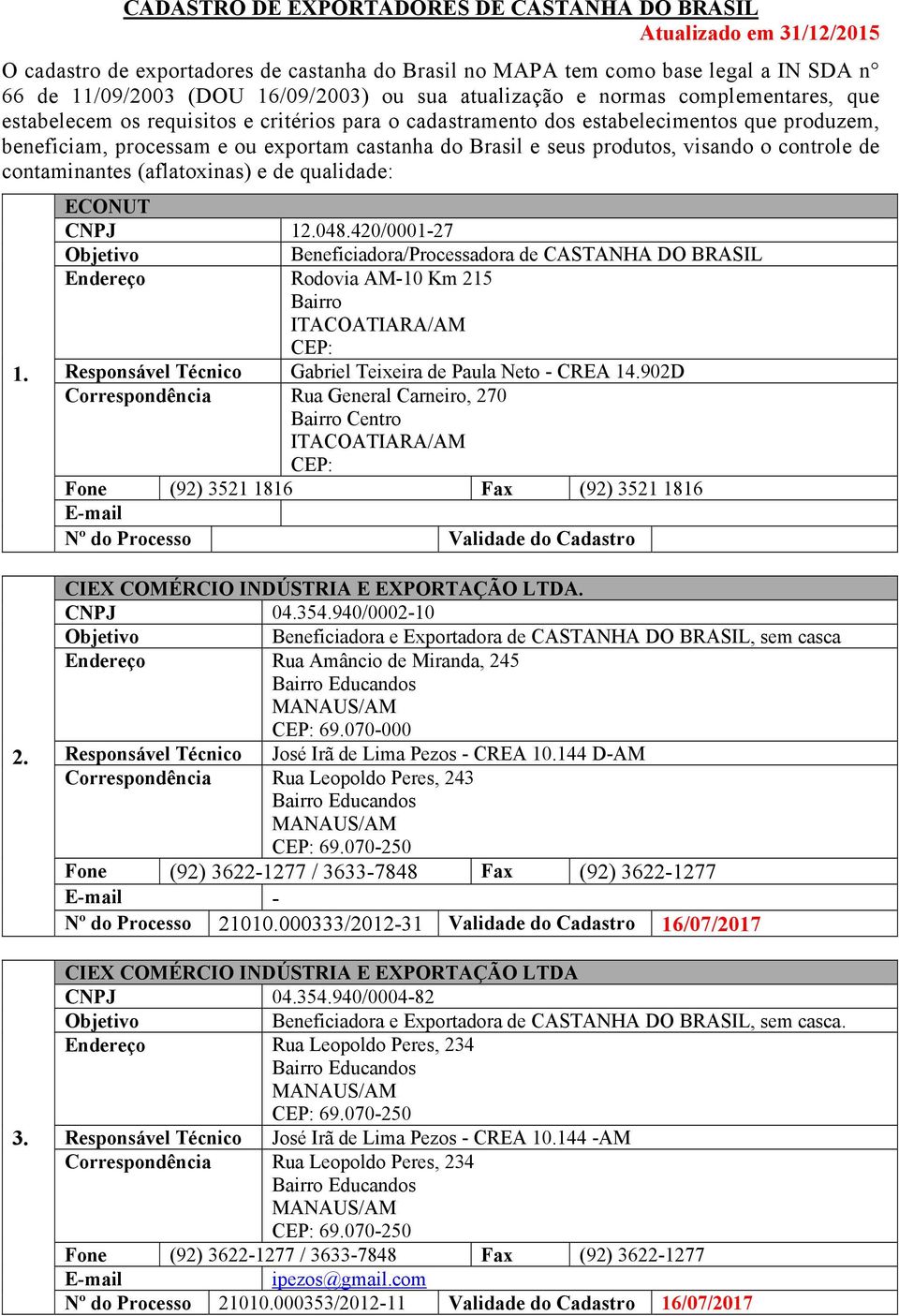 354.940/0002-10 Beneficiadora e Exportadora de CASTANHA DO BRASIL, sem casca Rua Amâncio de Miranda, 245 CEP: 69.070-000 Responsável Técnico José Irã de Lima Pezos - CREA 10.