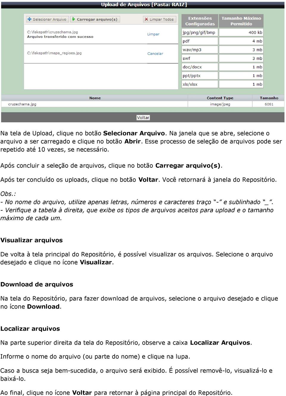 Após ter concluído os uploads, clique no botão Voltar. Você retornará à janela do Repositório. Obs.: - No nome do arquivo, utilize apenas letras, números e caracteres traço - e sublinhado _.