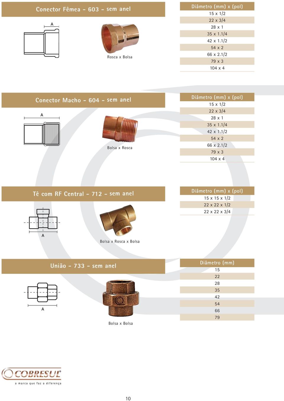 1/2 x 3 104 x 4 Conector Macho - 604 - sem anel Bolsa x Rosca x (pol) x 1/2 x 3/4 x 1