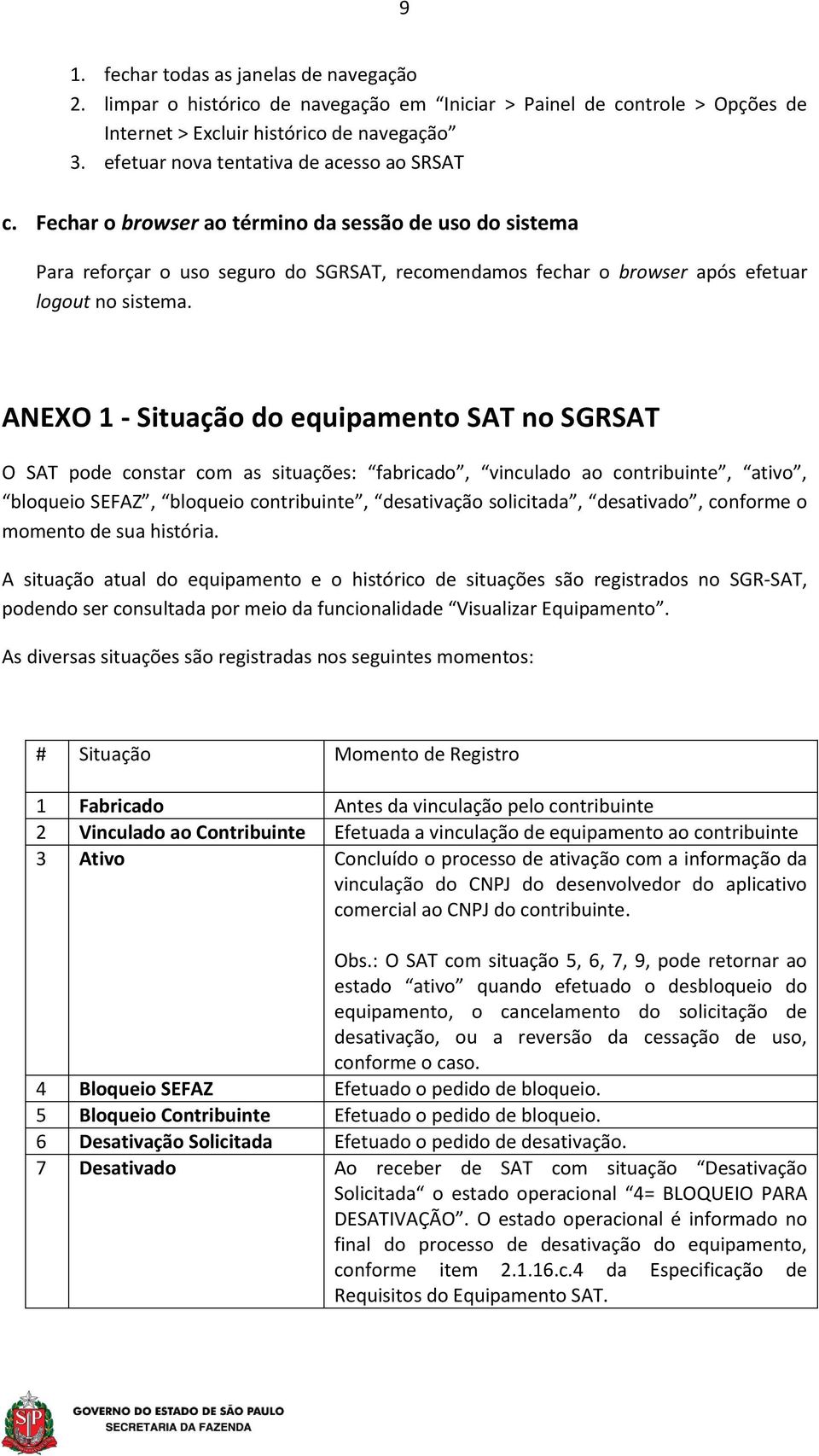 ANEXO 1 - Situação do equipamento SAT no SGRSAT O SAT pode constar com as situações: fabricado, vinculado ao contribuinte, ativo, bloqueio SEFAZ, bloqueio contribuinte, desativação solicitada,