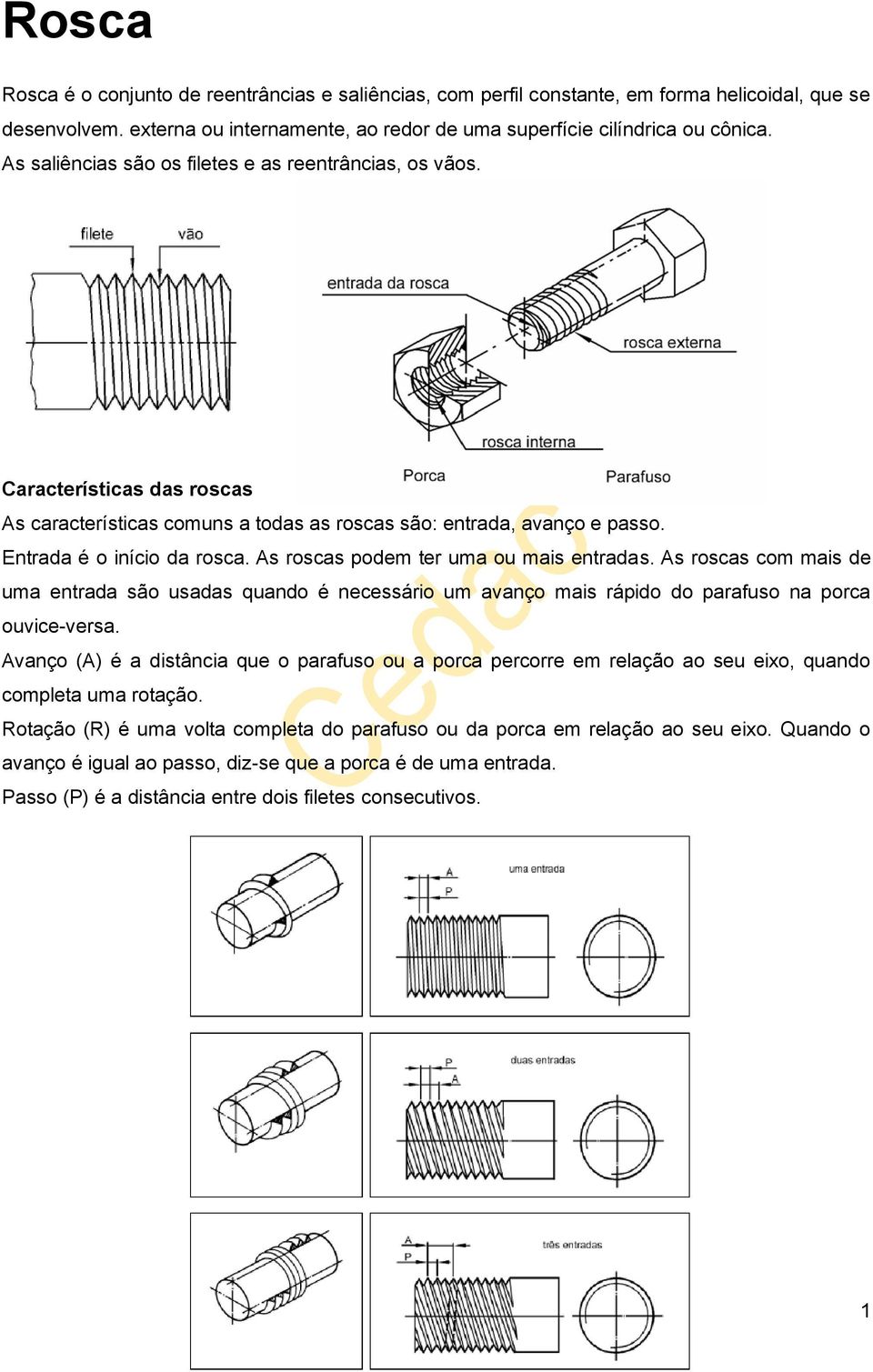 As roscas podem ter uma ou mais entradas. As roscas com mais de uma entrada são usadas quando é necessário um avanço mais rápido do parafuso na porca ouvice-versa.