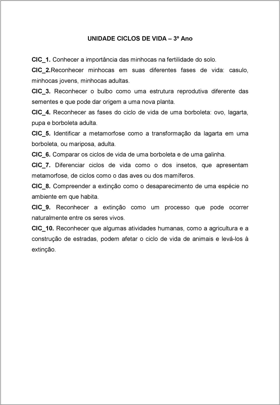 Reconhecer as fases do ciclo de vida de uma borboleta: ovo, lagarta, pupa e borboleta adulta. CIC_5. Identificar a metamorfose como a transformação da lagarta em uma borboleta, ou mariposa, adulta.