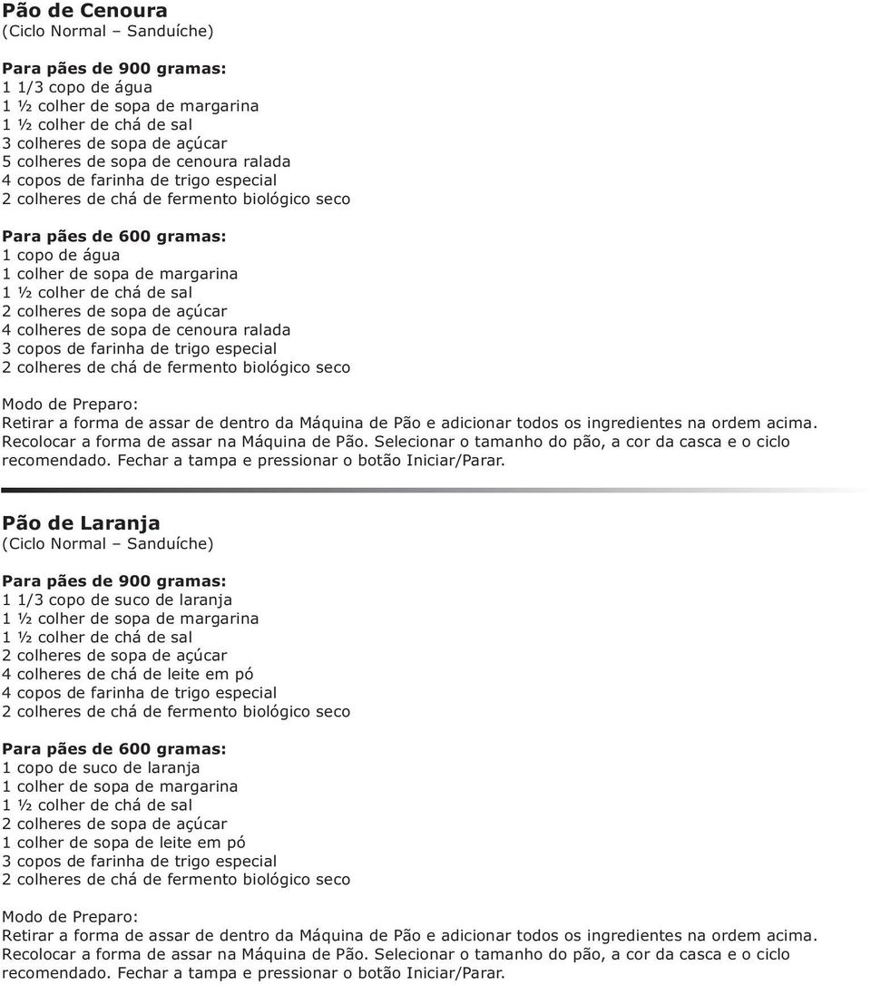 ralada Pão de Laranja (Ciclo Normal Sanduíche) Para pães de 900 gramas: 1 1/3 copo de suco de laranja 1 ½ colher de sopa de