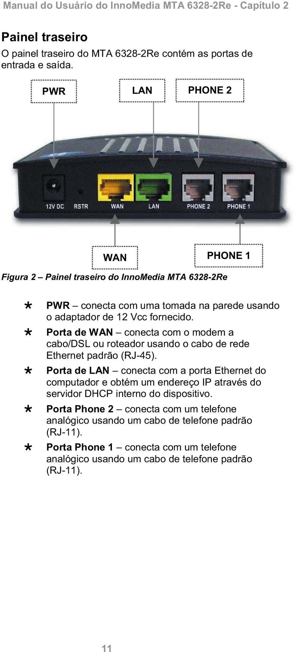 Porta de WAN conecta com o modem a cabo/dsl ou roteador usando o cabo de rede Ethernet padrão (RJ-45).