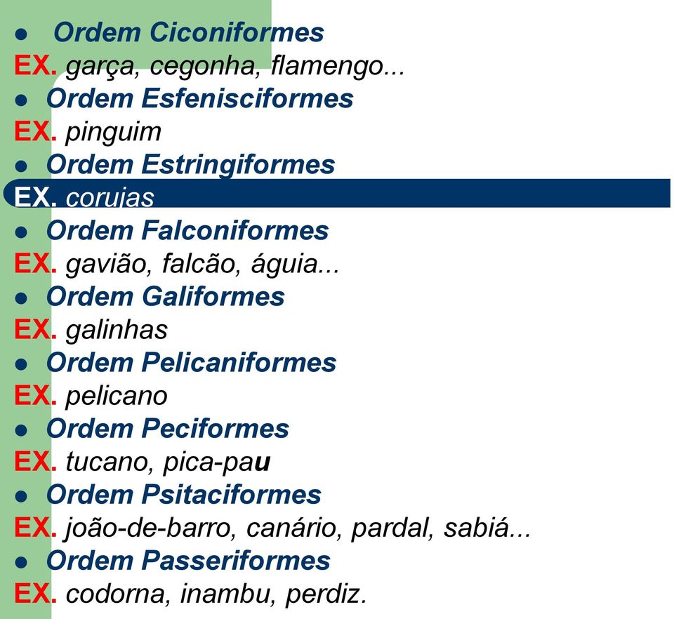 .. Ordem Galiformes EX. galinhas Ordem Pelicaniformes EX. pelicano Ordem Peciformes EX.