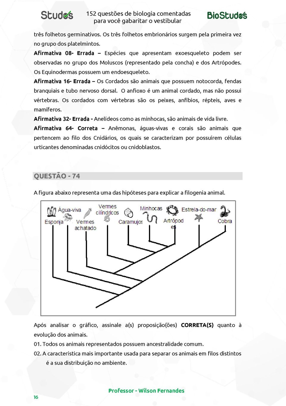 Afirmativa 16- Errada Os Cordados são animais que possuem notocorda, fendas branquiais e tubo nervoso dorsal. O anfioxo é um animal cordado, mas não possui vértebras.