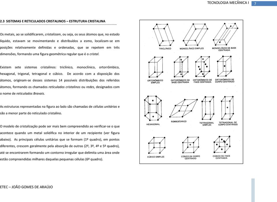 Existem sete sistemas cristalinos: triclínico, monoclínico, ortorrômbico, hexagonal, trigonal, tetragonal e cúbico.