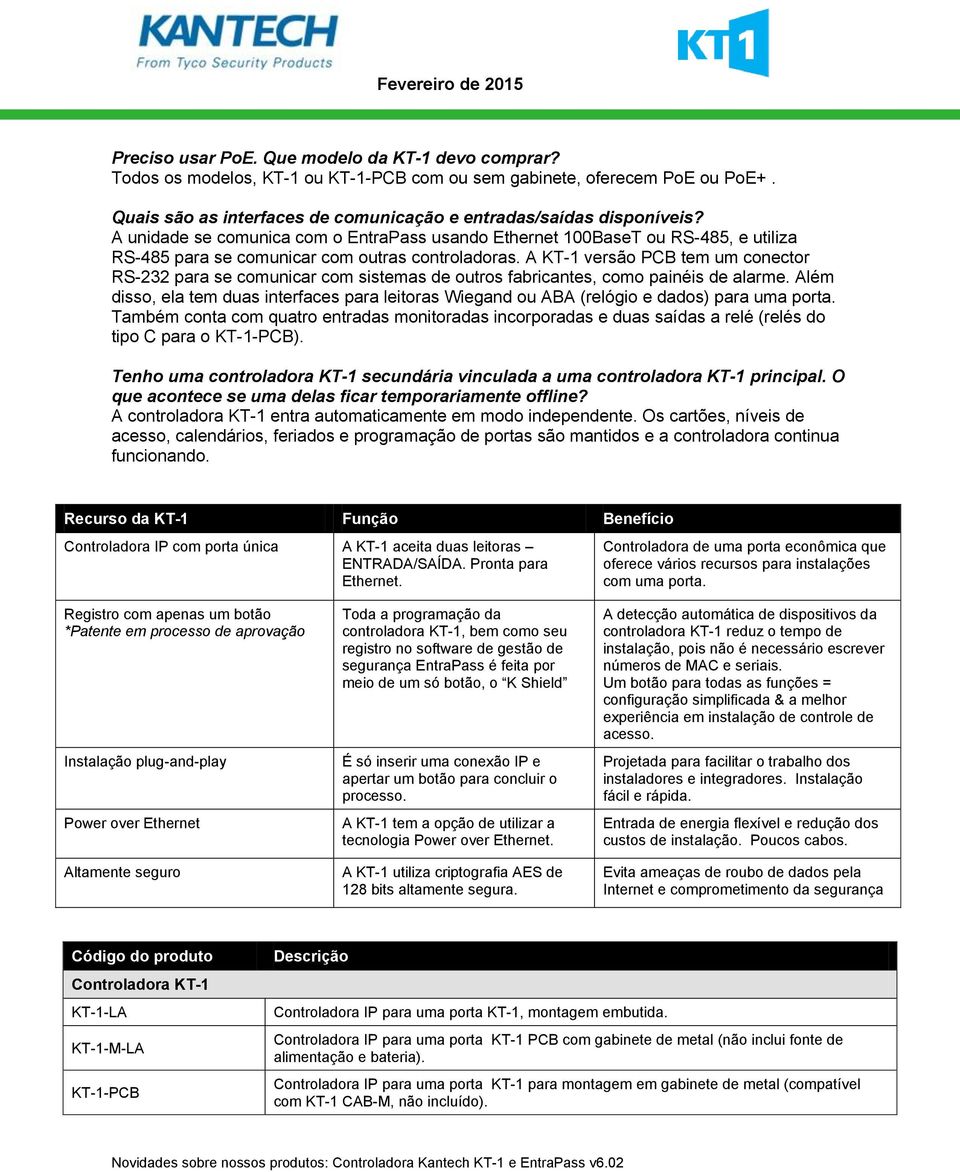 A KT-1 versão PCB tem um conector RS-232 para se comunicar com sistemas de outros fabricantes, como painéis de alarme.