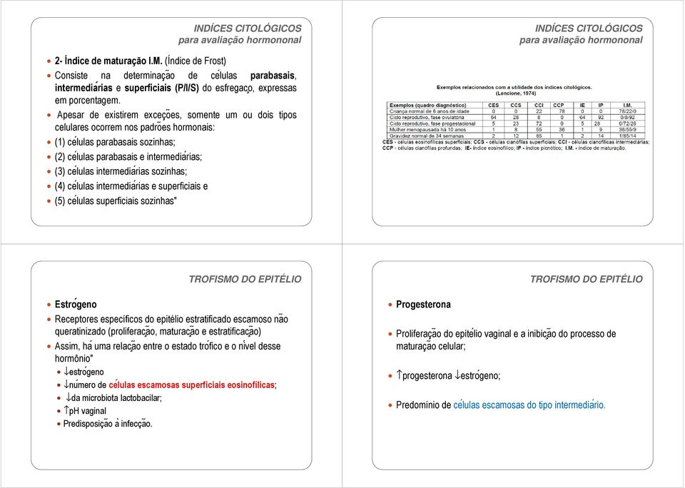 Apesar de existirem exceçoẽs, somente um ou dois tipos celulares ocorrem nos padroẽs hormonais: (1) ceĺulas parabasais sozinhas; (2) ceĺulas parabasais e intermediaŕias; (3) ceĺulas intermediaŕias