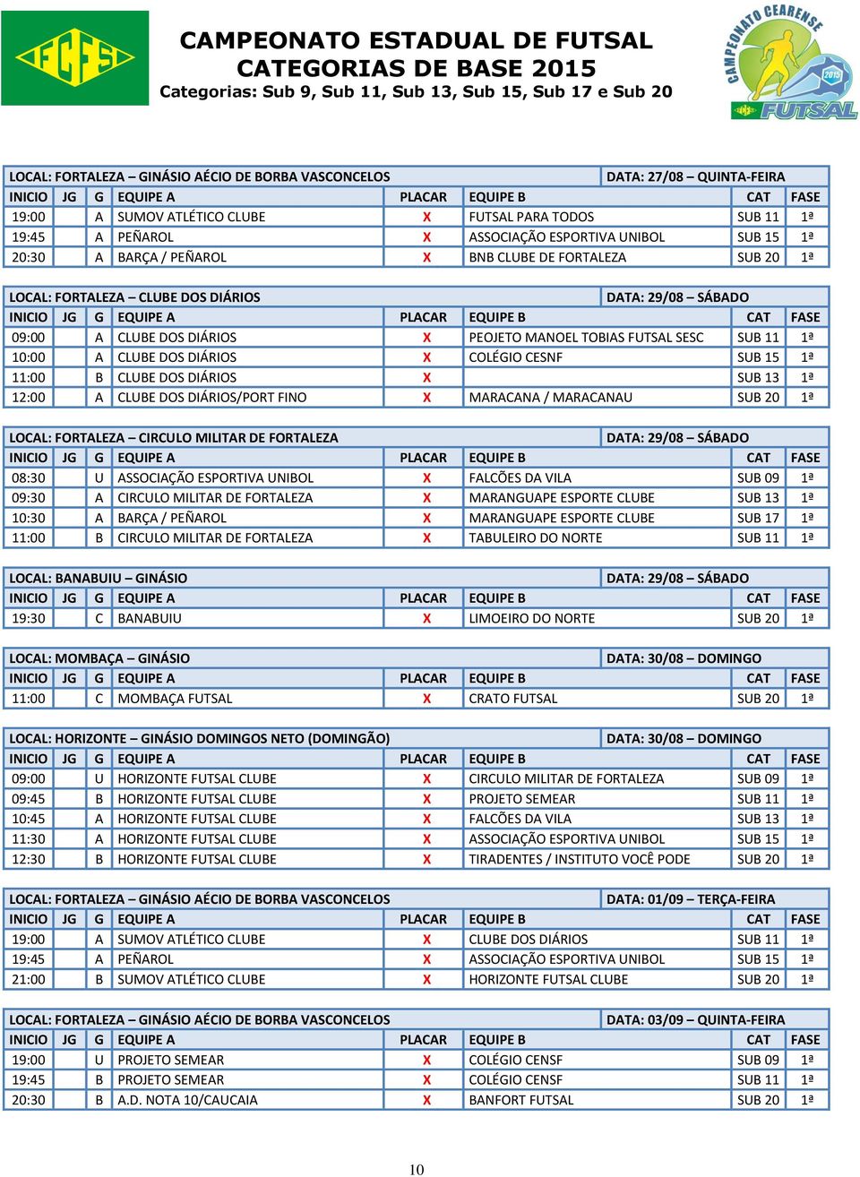 DIÁRIOS X SUB 13 1ª 12:00 A CLUBE DOS DIÁRIOS/PORT FINO X MARACANA / MARACANAU SUB 20 1ª LOCAL: FORTALEZA CIRCULO MILITAR DE FORTALEZA DATA: 29/08 SÁBADO 08:30 U ASSOCIAÇÃO ESPORTIVA UNIBOL X FALCÕES