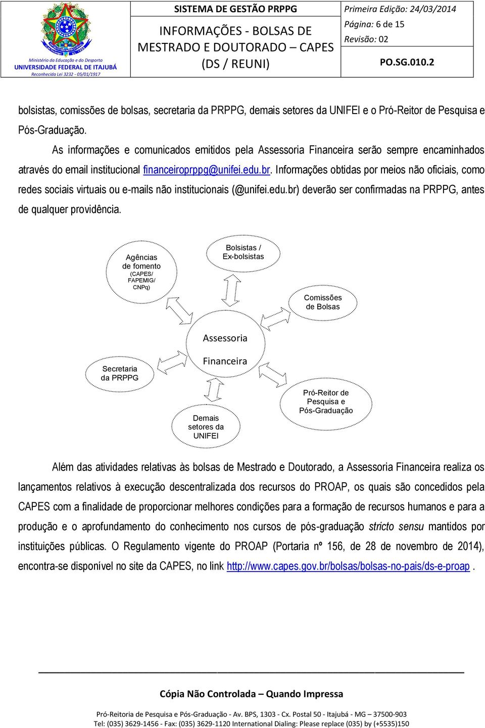 Informações obtidas por meios não oficiais, como redes sociais virtuais ou e-mails não institucionais (@unifei.edu.br) deverão ser confirmadas na PRPPG, antes de qualquer providência.