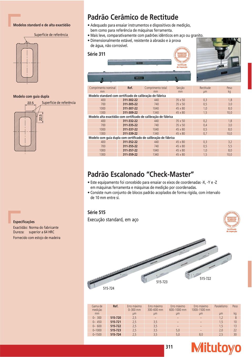 Série 311 Modelo com guia dupla Superfície de referência Comprimento nominal Comprimento total Secção Rectitude Modelo standard com certificado de calibração de fábrica 400 311-302-22 440 35 x 50 0,3