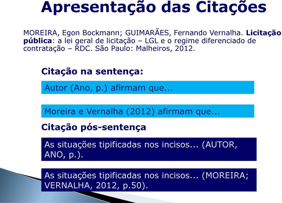 São Paulo: Malheiros, 2012. Citação na sentença: Autor (Ano, p.) afirmam que.