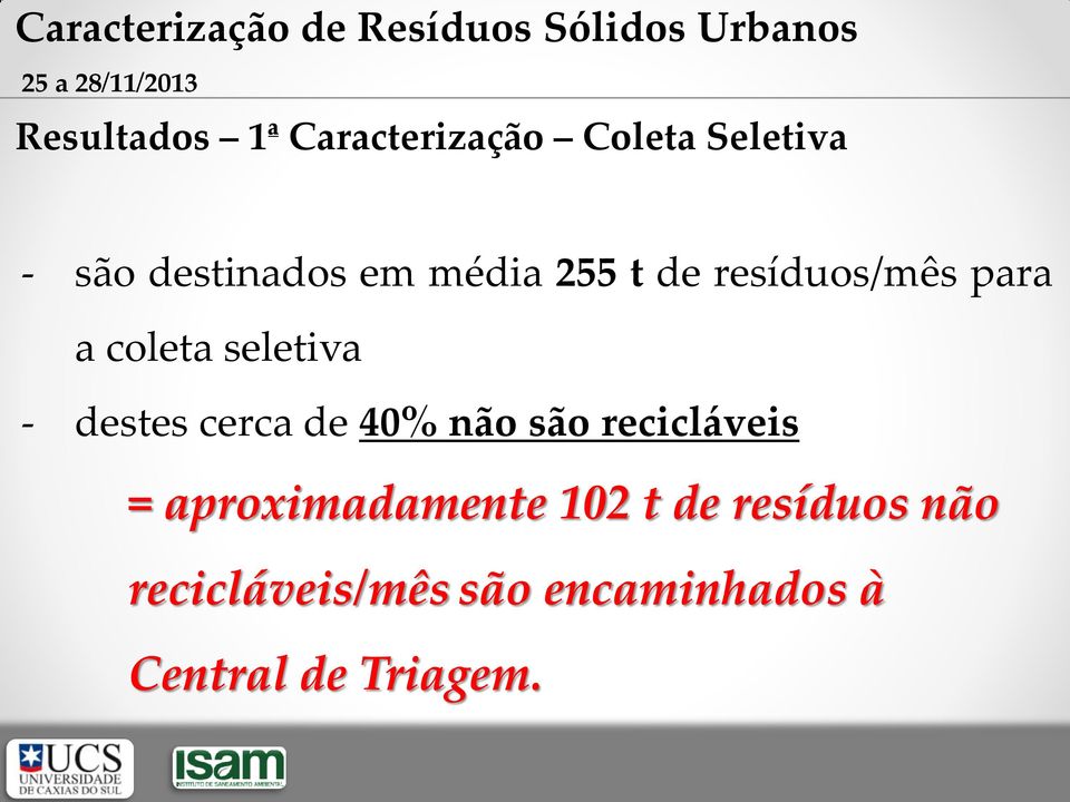 resíduos/mês para a coleta seletiva - destes cerca de 40% não são recicláveis