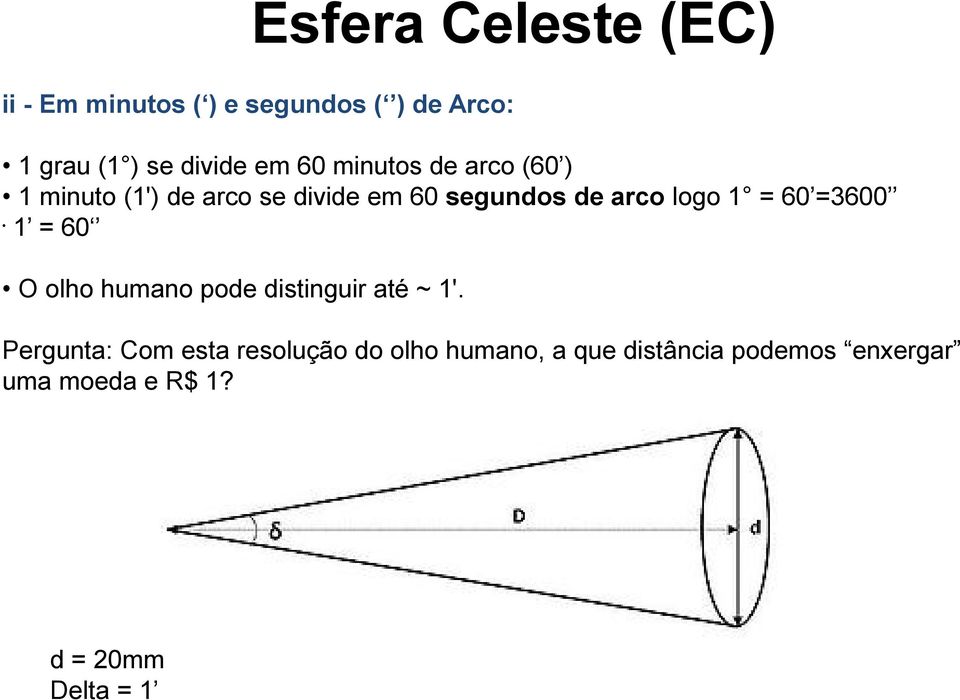 1 = 60 O olho humano pode distinguir até ~ 1'.