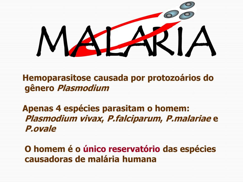 Plasmodium vivax, P.falciparum, P.malariae e P.