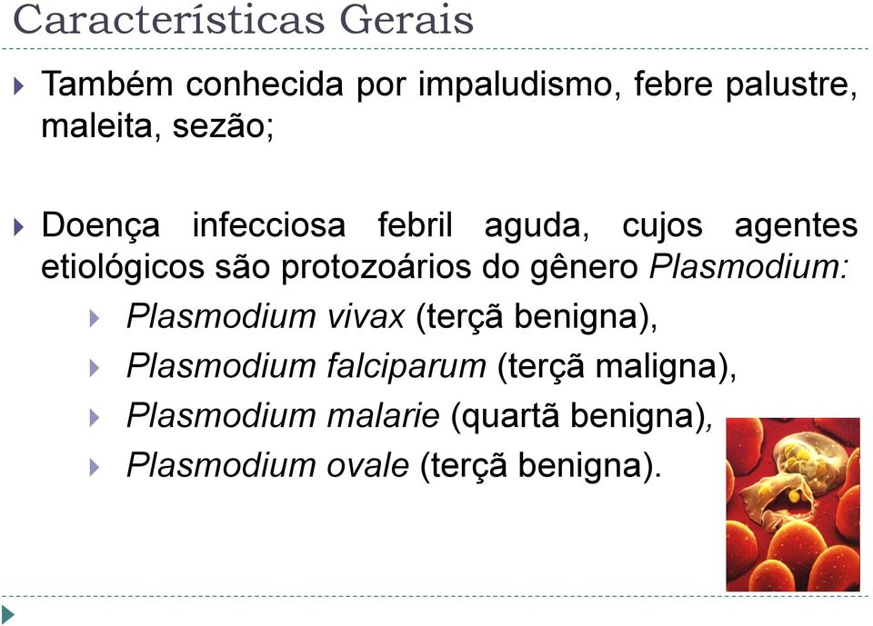 do gênero Plasmodium: Plasmodium vivax (terçã benigna), Plasmodium falciparum