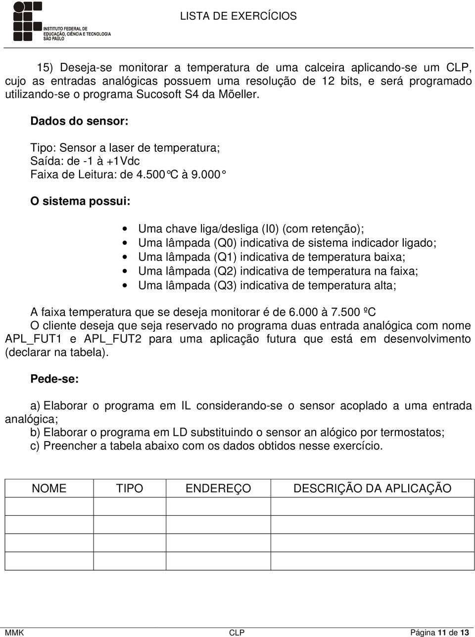 000 O sistema possui: Uma chave liga/desliga (I0) (com retenção); Uma lâmpada (Q0) indicativa de sistema indicador ligado; Uma lâmpada (Q1) indicativa de temperatura baixa; Uma lâmpada (Q2)