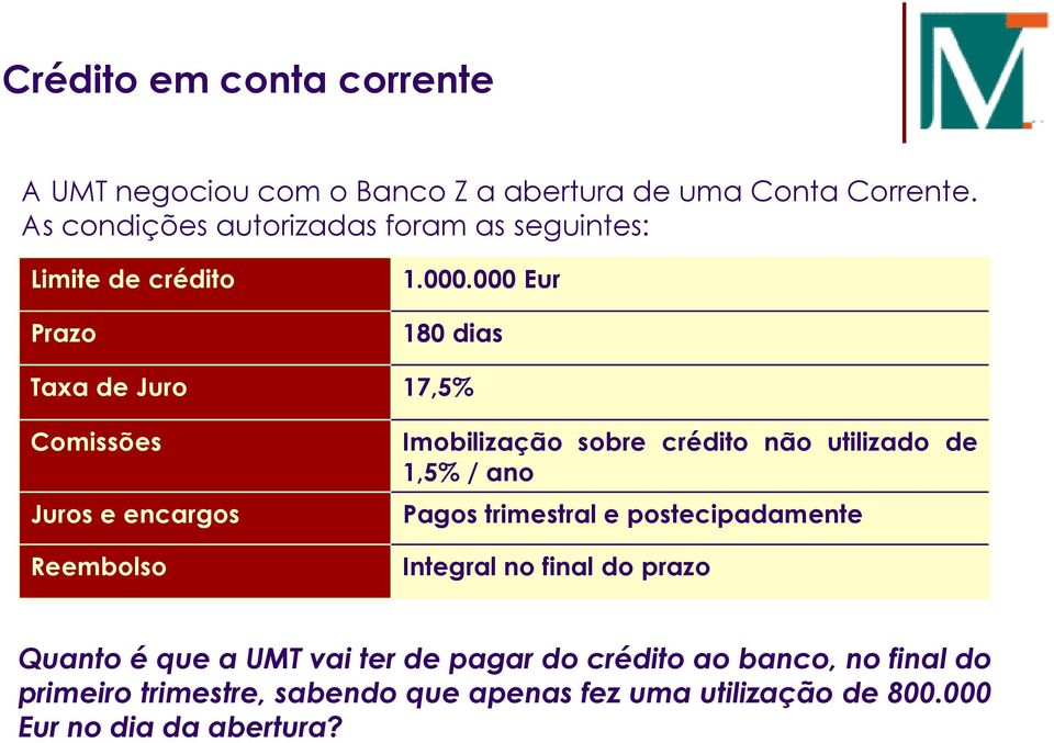 000 Eur 180 dias Taxa de Juro 17,5% Comissões Juros e encargos Reembolso Imobilização sobre crédito não utilizado de 1,5% / ano