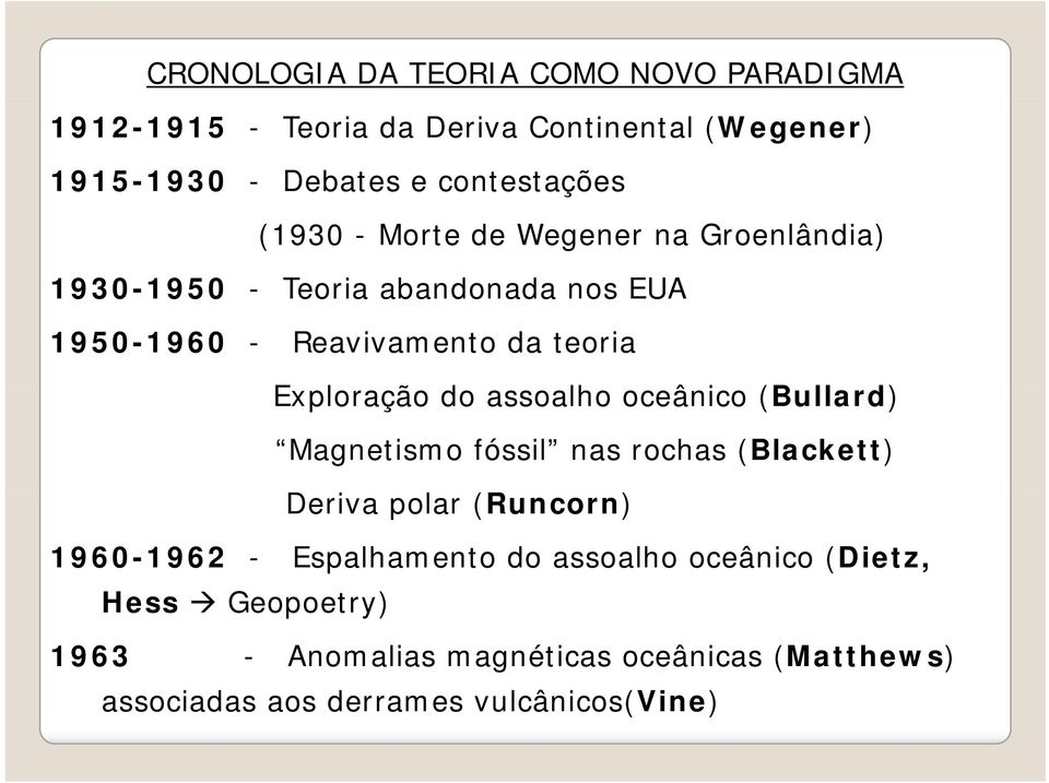 Exploração do assoalho oceânico (Bullard) Magnetismo fóssil nas rochas (Blackett) Deriva polar (Runcorn) 1960-1962 -