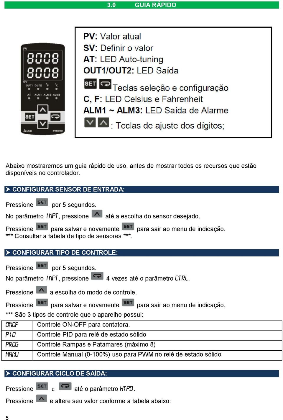 CONFIGURAR TIPO DE CONTROLE: Pressione por 5 segundos. No parâmetro INPT, pressione 4 vezes até o parâmetro CTRL. Pressione a escolha do modo de controle.