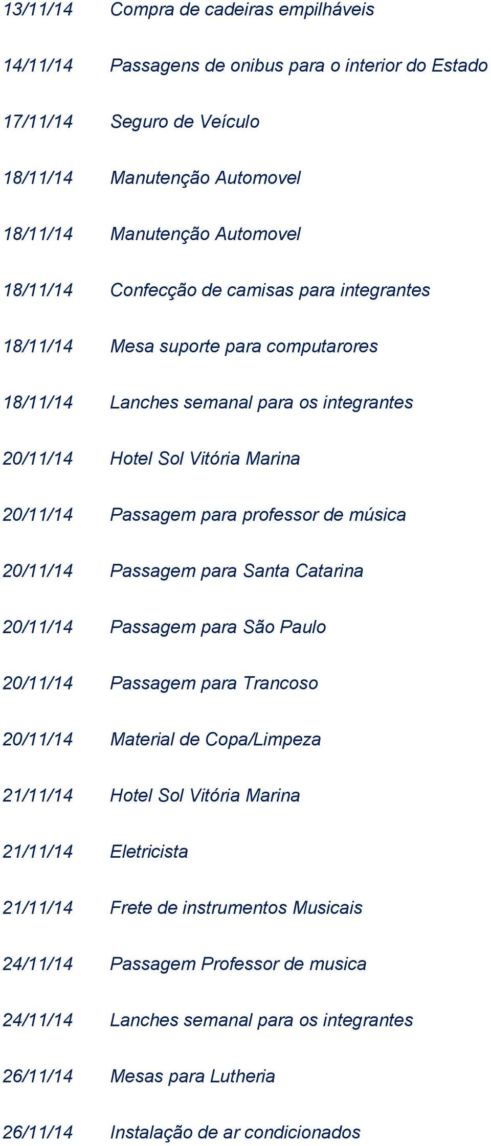 música 20/11/14 Passagem para Santa Catarina 20/11/14 Passagem para São Paulo 20/11/14 Passagem para Trancoso 20/11/14 Material de Copa/Limpeza 21/11/14 Hotel Sol Vitória Marina 21/11/14