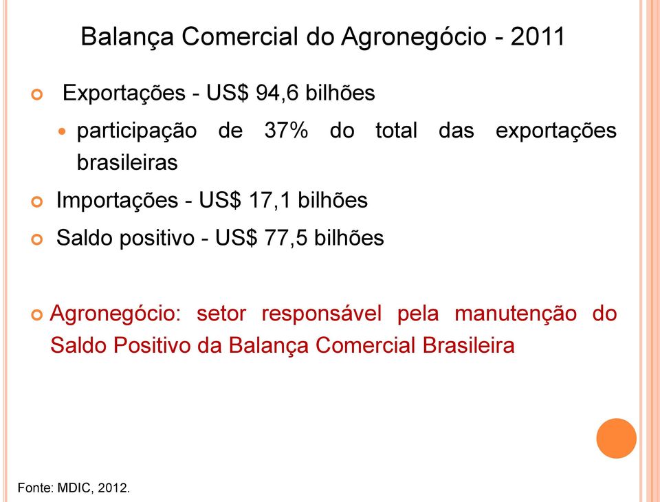 17,1 bilhões Saldo positivo - US$ 77,5 bilhões Agronegócio: setor