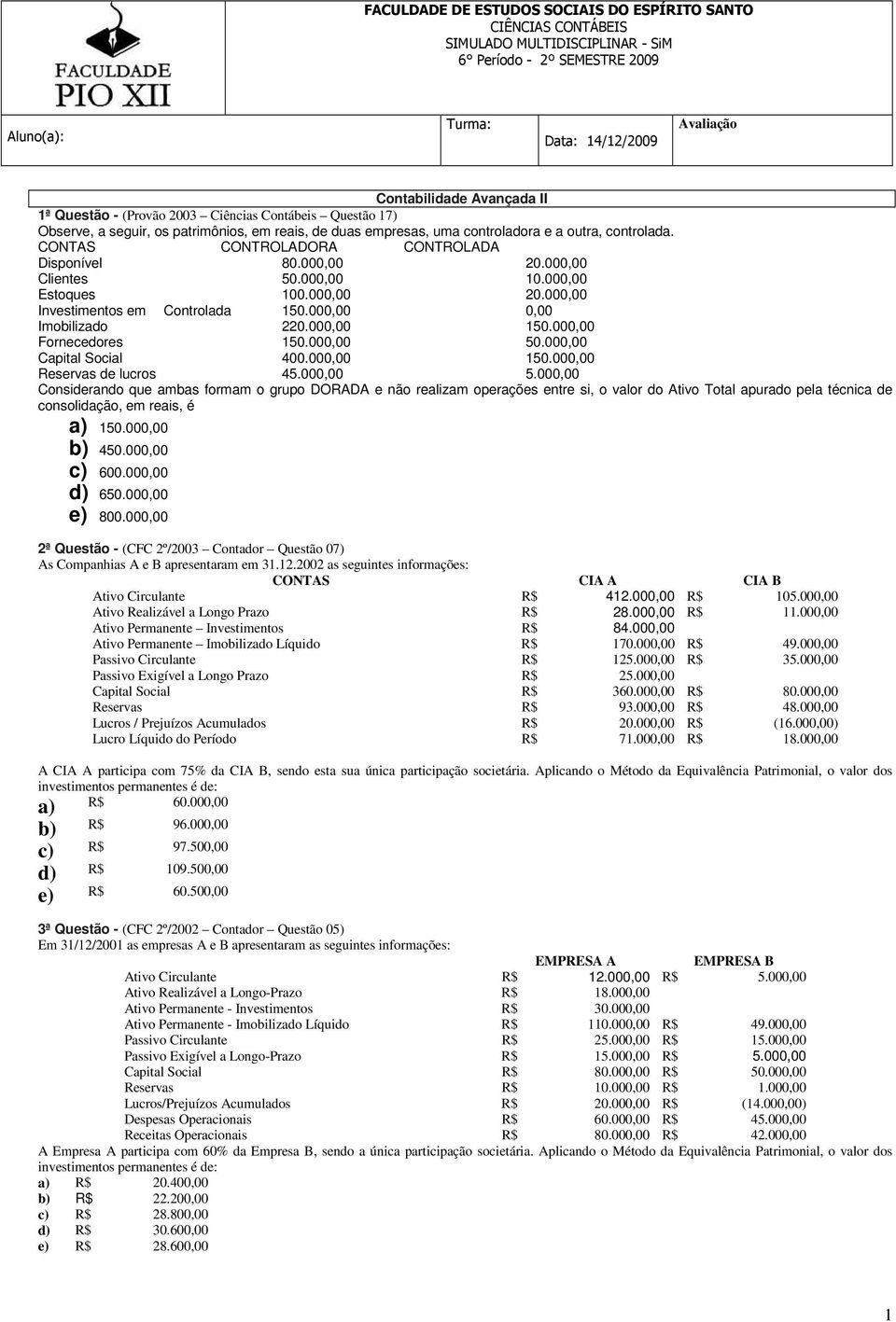 CONTAS CONTROLADORA CONTROLADA Disponível 80.000,00 20.000,00 Clientes 50.000,00 10.000,00 Estoques 100.000,00 20.000,00 Investimentos em Controlada 150.000,00 0,00 Imobilizado 220.000,00 150.