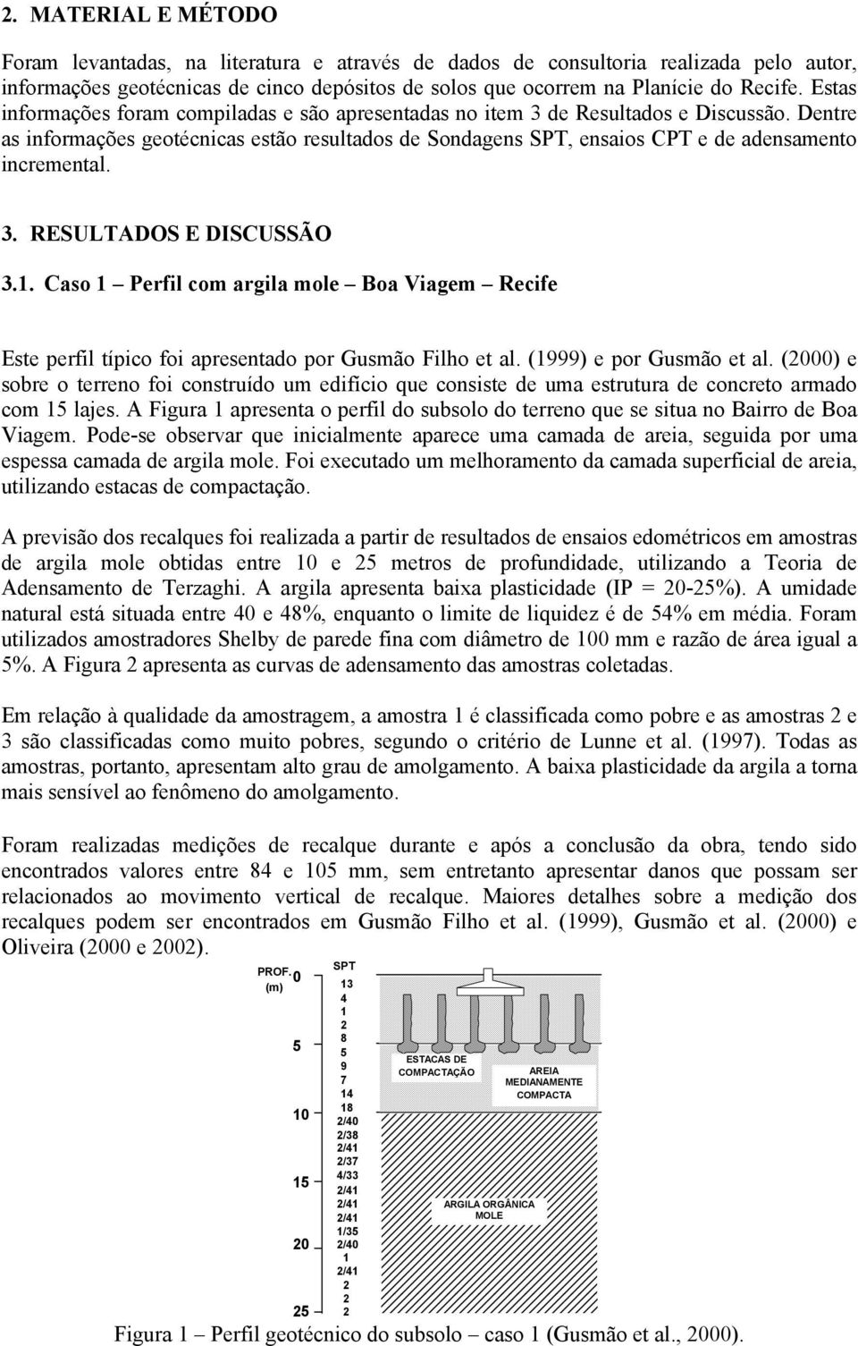 Dentre as informações geotécnicas estão resultados de Sondagens SPT, ensaios CPT e de adensamento incremental. 3. RESULTADOS E DISCUSSÃO 3.1.