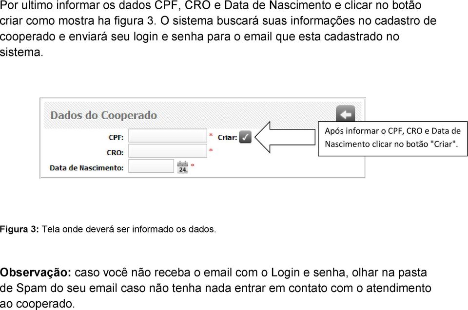 Após informar o CPF, CRO e Data de Nascimento clicar no botão "Criar". Figura 3: Tela onde deverá ser informado os dados.