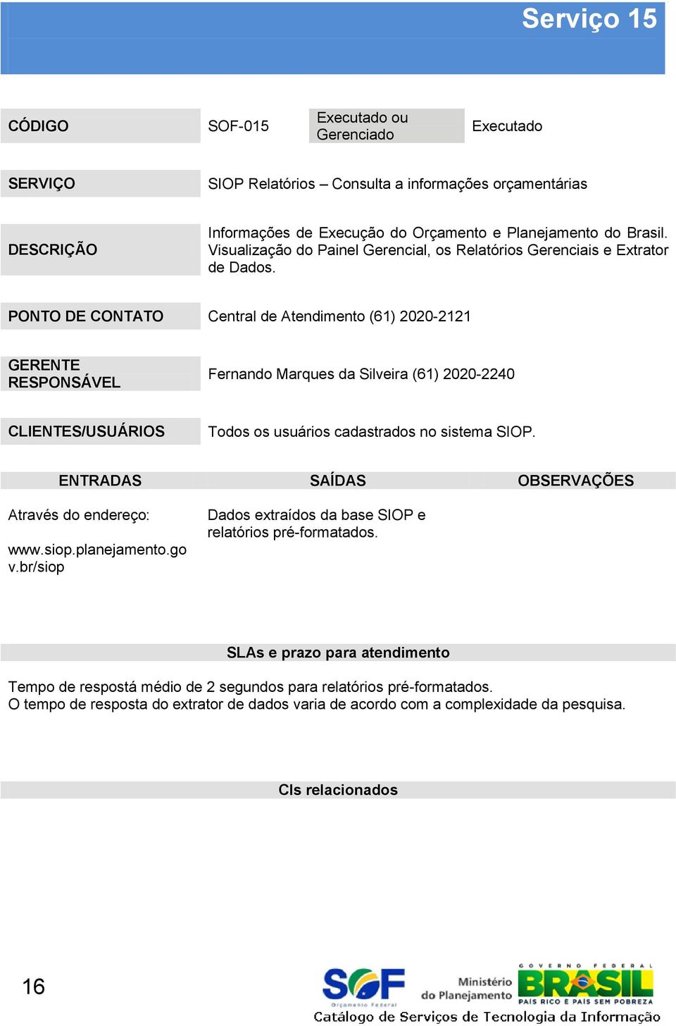 Fernando Marques da Silveira (61) 2020-2240 Todos os usuários cadastrados no sistema SIOP. Através do endereço: www.siop.planejamento.go v.