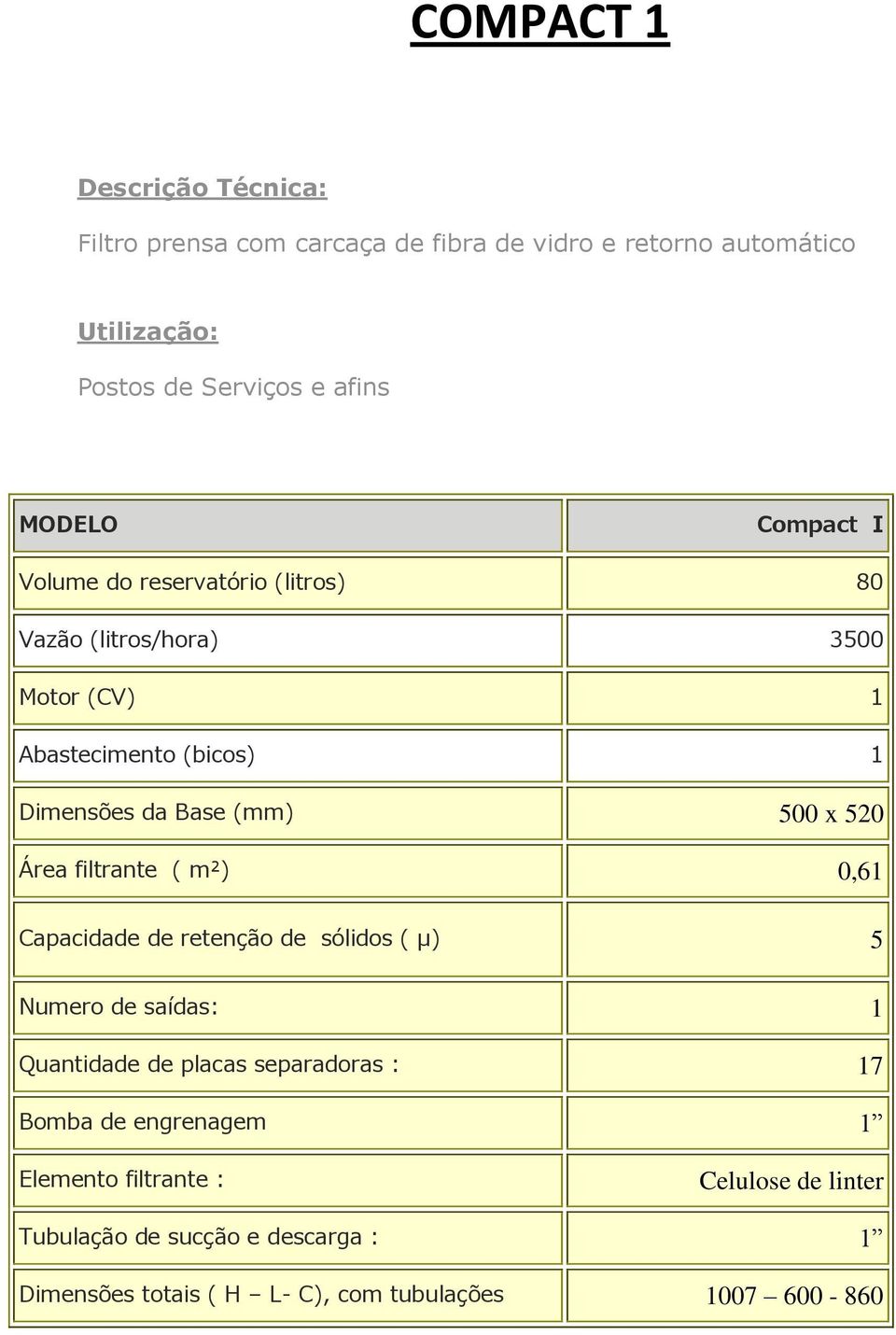 Área filtrante ( m²) 0,61 Capacidade de retenção de sólidos ( µ) 5 Numero de saídas: 1 Quantidade de placas separadoras : 17 Bomba de