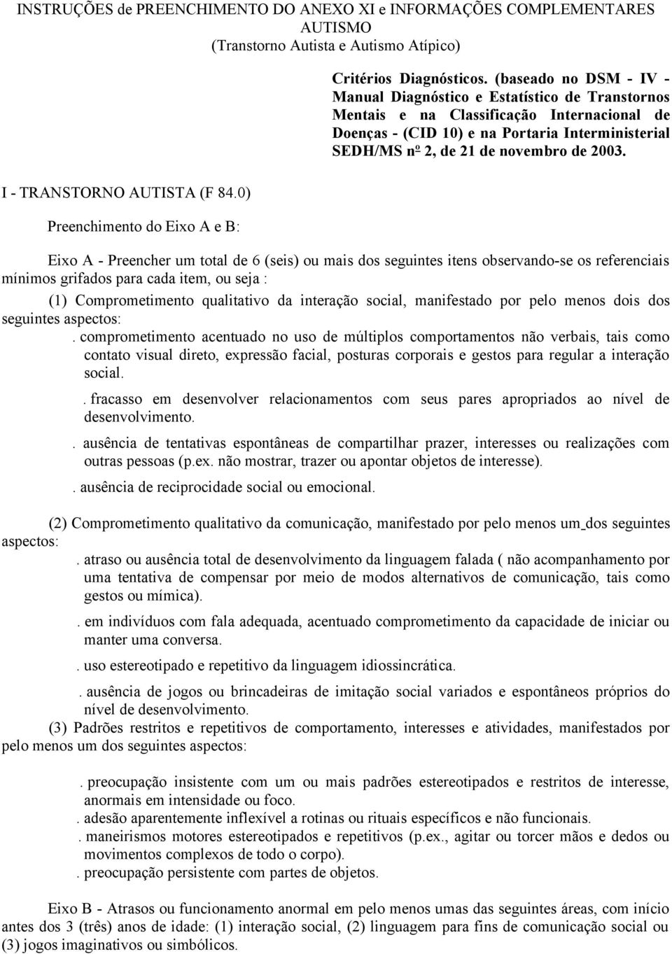 2003. Eixo A - Preencher um total de 6 (seis) ou mais dos seguintes itens observando-se os referenciais mínimos grifados para cada item, ou seja : (1) Comprometimento qualitativo da interação social,