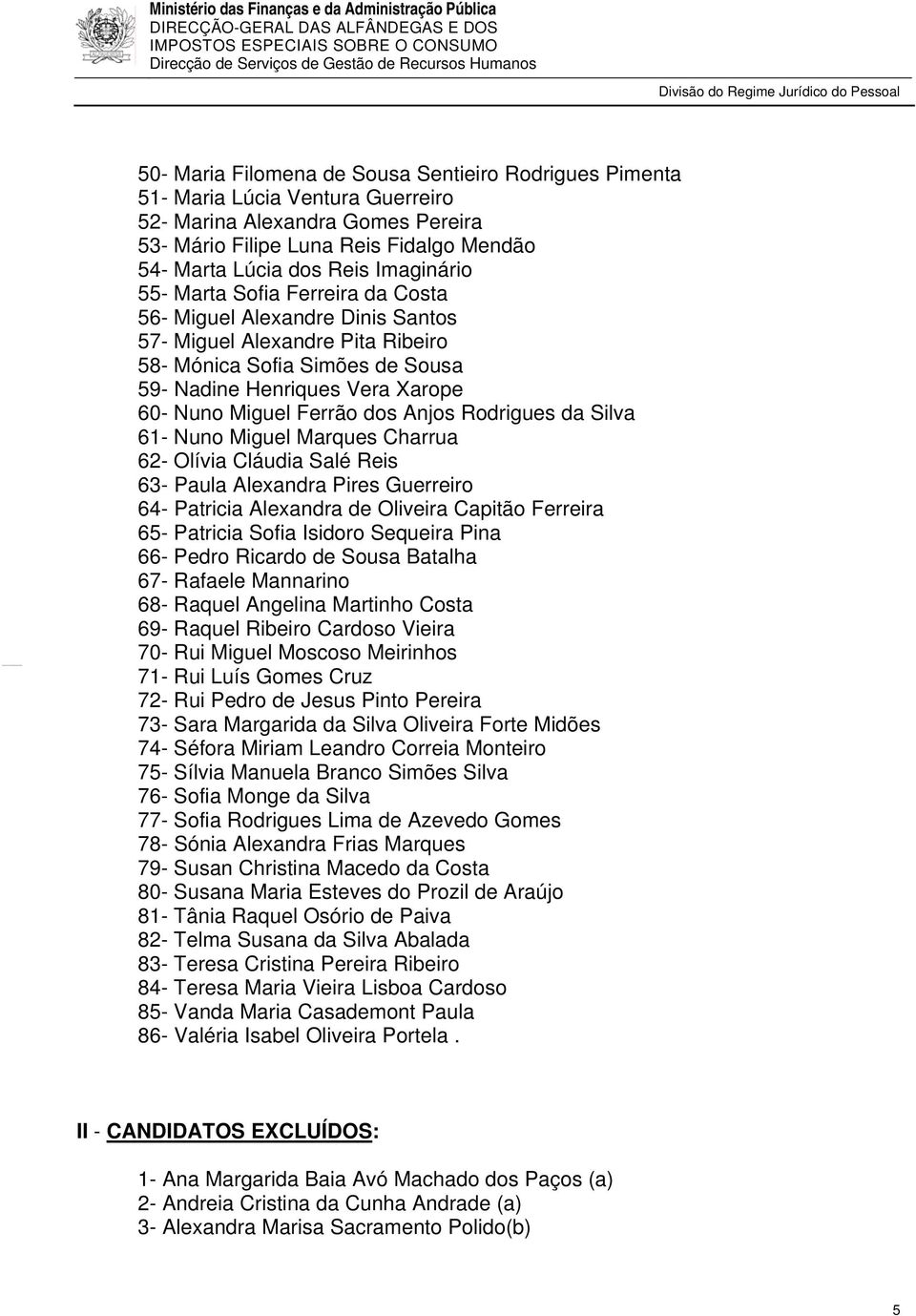 Ferrão dos Anjos Rodrigues da Silva 61- Nuno Miguel Marques Charrua 62- Olívia Cláudia Salé Reis 63- Paula Alexandra Pires Guerreiro 64- Patricia Alexandra de Oliveira Capitão Ferreira 65- Patricia