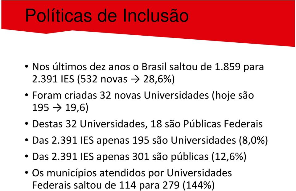 Universidades, 18 são Públicas Federais Das 2.391 IES apenas 195 são Universidades (8,0%) Das 2.