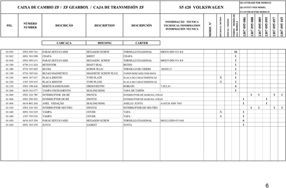 Nº OPCIONAL/ OPTION NOTAS / NOTES TODOS MODELOS ALL MODELS 1307 095 086 1307 095 088 1307 095 089 1307 095 095 1307 095 097 1307 095 105 CARCAÇA HOUSING CARTER 01 056 0501 099 341 PARAF.