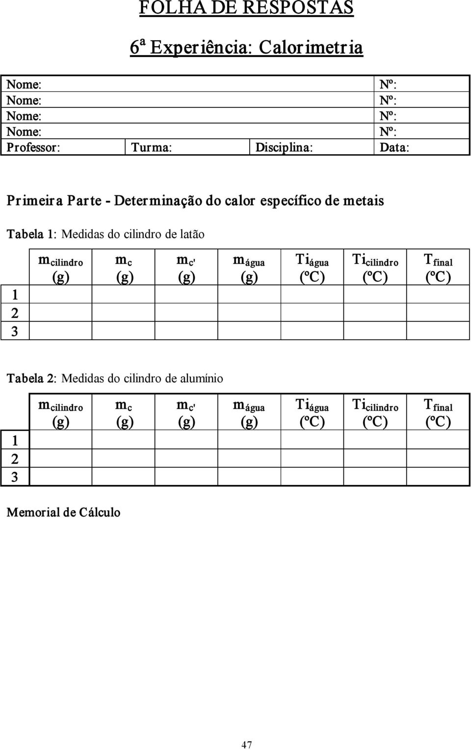 específico de metais Tabela : Medidas do cilindro de latão