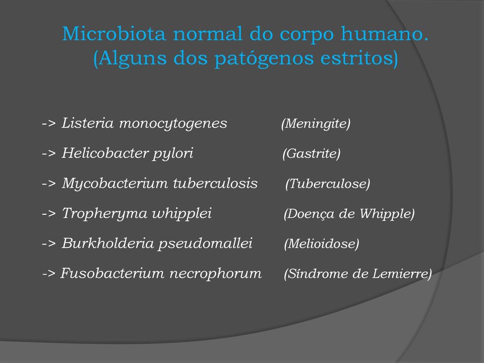 Helicobacter pylori (Gastrite) -> Mycobacterium tuberculosis (Tuberculose) ->