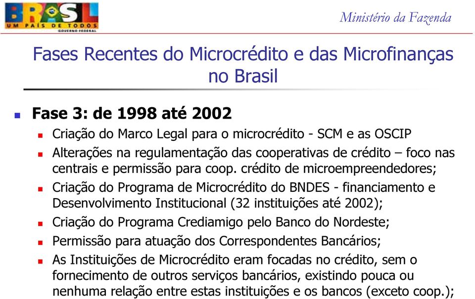 crédito de microempreendedores; Criação do Programa de Microcrédito do BNDES - financiamento e Desenvolvimento Institucional (32 instituições até 2002); Criação do Programa