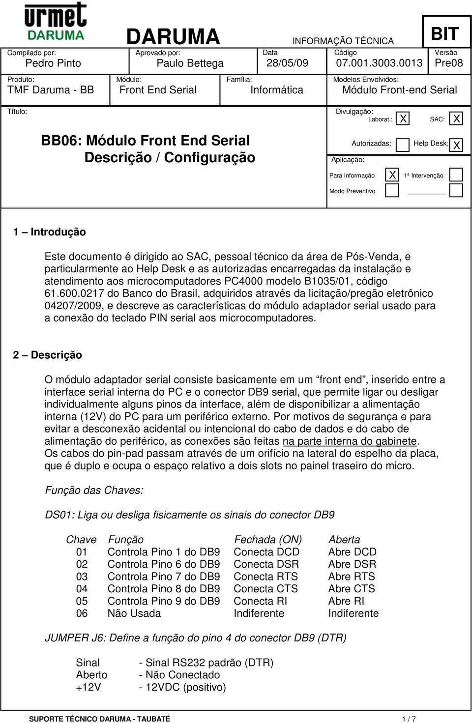 : SAC: BB06: Módulo Front End Serial Descrição / Configuração Aplicação: Autorizadas: Help Desk: Para Informação 1ª Intervenção Modo Preventivo 1 Introdução Este documento é dirigido ao SAC, pessoal