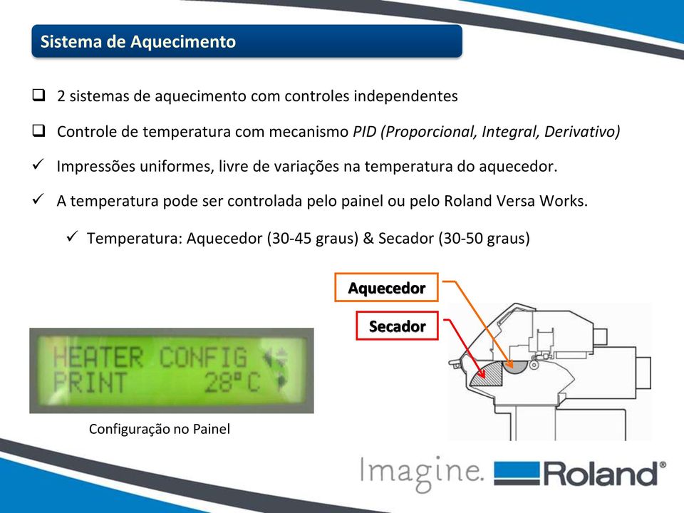 temperatura do aquecedor. A temperatura pode ser controlada pelo painel ou pelo Roland Versa Works.