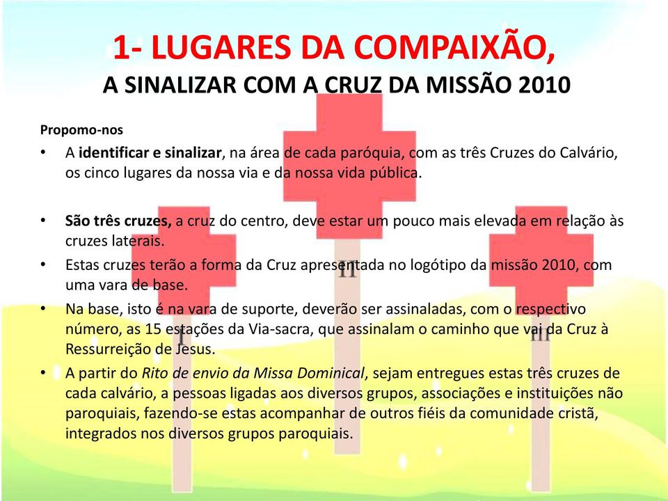 Estas cruzes terão a forma da Cruz apresentada no logótipo da missão 2010, com uma vara de base.