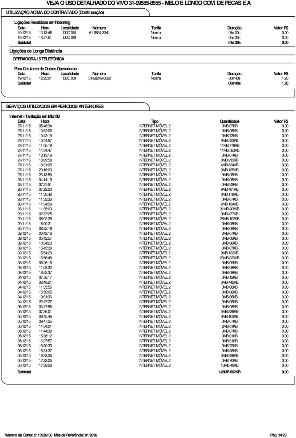 01m30s 0,00 Ligações de Longa Distância OPERADORA 15 TELEFÔNICA Para Celulares de Outras Operadoras 19/12/15 12:23:01 DDD 031 31-98242-6062 Normal 00m48s 1,26 Subtotal 00m48s 1,26 SERVIÇOS UTILIZADOS